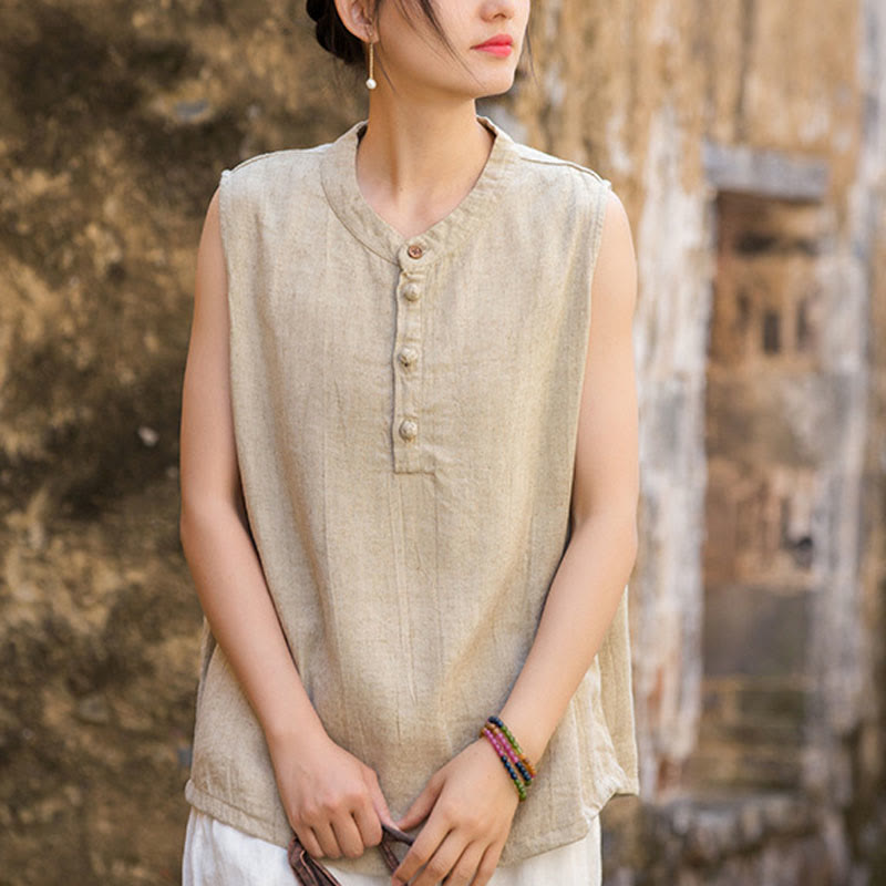 Buddha Stones Summer Tie-dye Buttons Linen Sleeveless Women's Vest - Beige - US4-6，UK/AU8-10，EU36-38 (F) - image 21