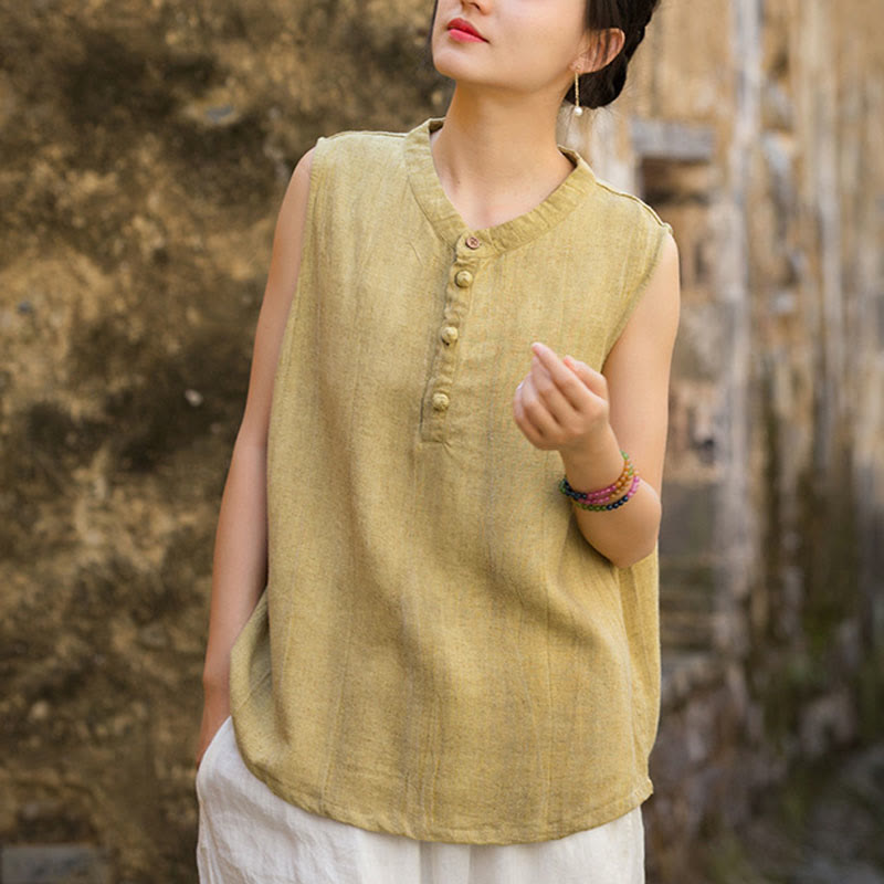 Buddha Stones Summer Tie-dye Buttons Linen Sleeveless Women's Vest - PaleGoldenrod - US4-6，UK/AU8-10，EU36-38 (F) - image 1