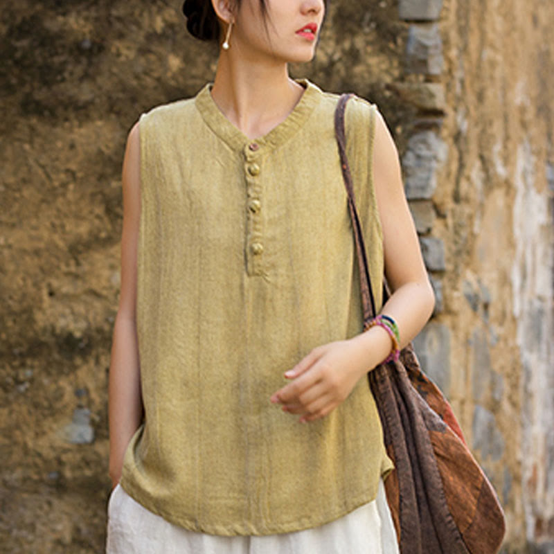 Buddha Stones Summer Tie-dye Buttons Linen Sleeveless Women's Vest - image 5