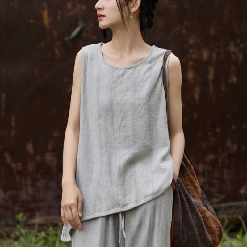 Buddha Stones Summer Tie-dye Linen Crew Neck Sleeveless Women's Vest - LightGrey - US4，UK/AU8，EU36 (F) - image 16