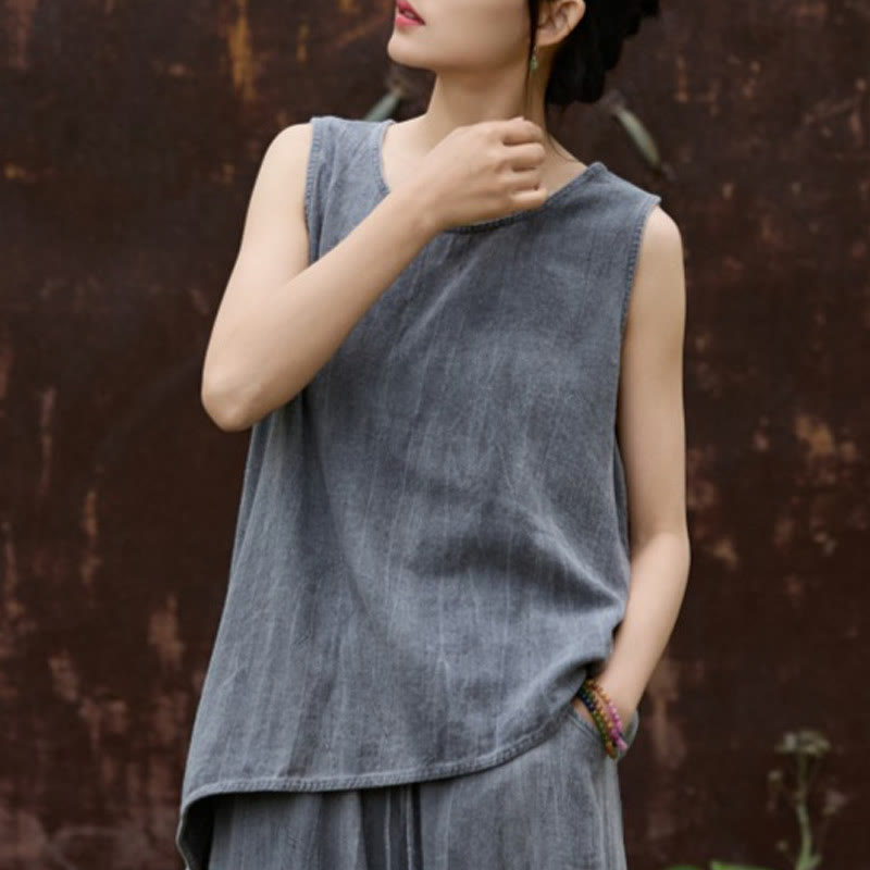 Buddha Stones Summer Tie-dye Linen Crew Neck Sleeveless Women's Vest - DimGray - US4，UK/AU8，EU36 (F) - image 10