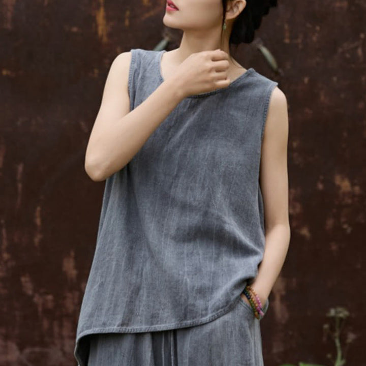 Buddha Stones Summer Tie-dye Linen Crew Neck Sleeveless Women's Vest - DimGray - US4，UK/AU8，EU36 (F) - image 10