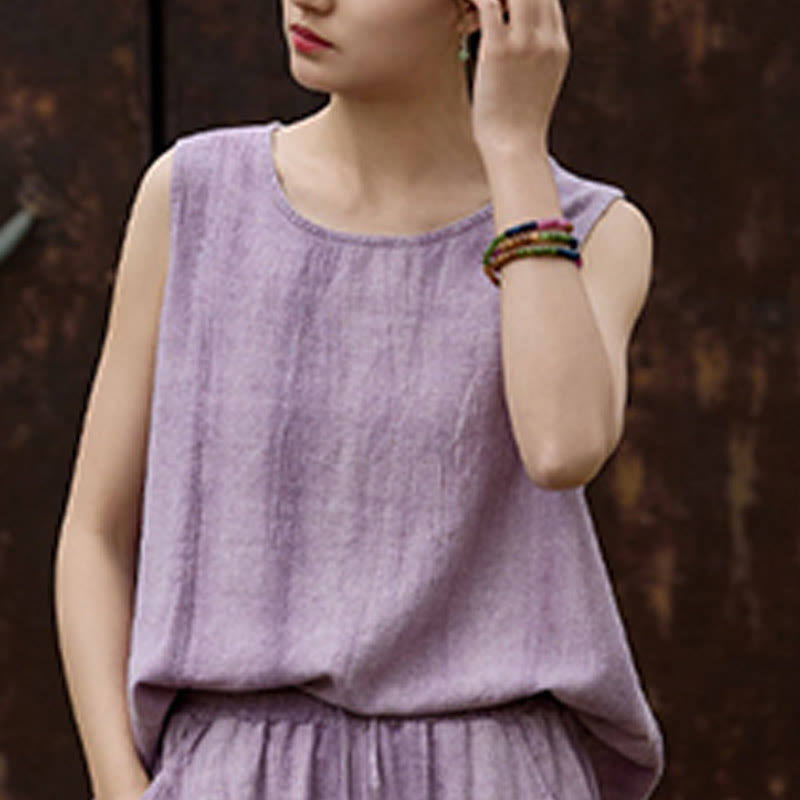 Buddha Stones Summer Tie-dye Linen Crew Neck Sleeveless Women's Vest - image 7