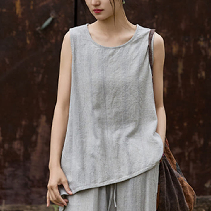Buddha Stones Summer Tie-dye Linen Crew Neck Sleeveless Women's Vest - image 19