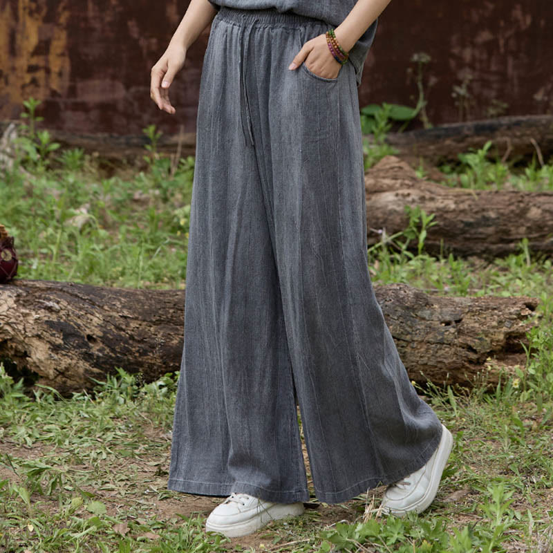 Buddha Stones Casual Tie-Dye Women's Linen Wide Leg Pants With Pockets - DimGray - US4，UK/AU8，EU36 (F) - image 9