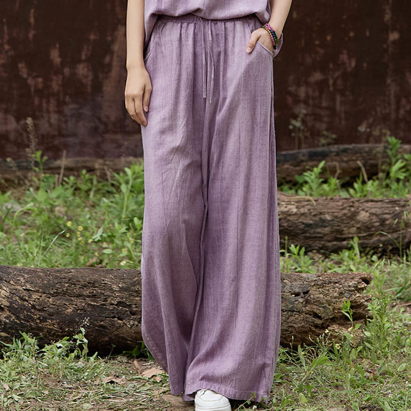 Buddha Stones Casual Tie-Dye Women's Linen Wide Leg Pants With Pockets - Plum - US4，UK/AU8，EU36 (F) - image 1