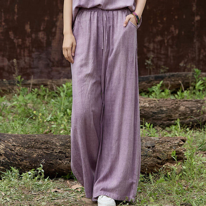 Buddha Stones Casual Tie-Dye Women's Linen Wide Leg Pants With Pockets - Plum - US4，UK/AU8，EU36 (F) - image 1
