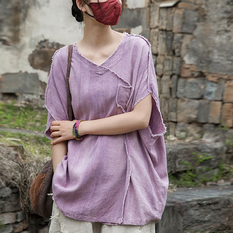 Buddha Stones Summer Tie-dye Linen V-Neck Short Sleeve Women's T-shirts - Plum - US4-14，UK/AU8-18，EU36-46 (F) - image 1