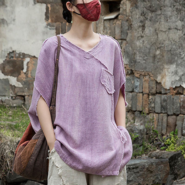 Buddha Stones Summer Tie-dye Linen V-Neck Short Sleeve Women's T-shirts - image 8