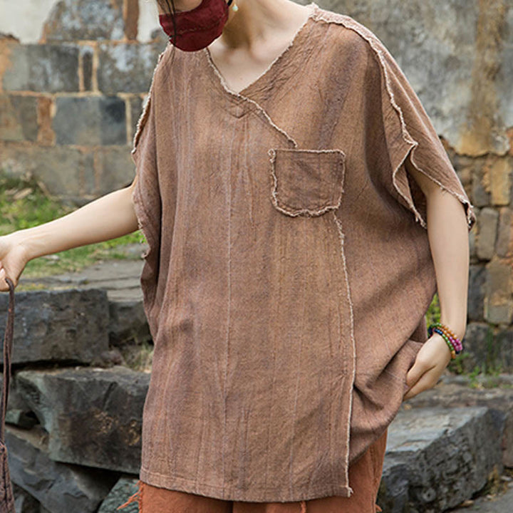 Buddha Stones Summer Tie-dye Linen V-Neck Short Sleeve Women's T-shirts - image 14