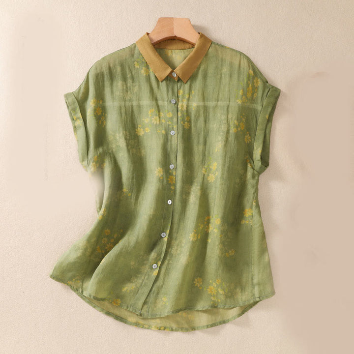 Buddha Stones Small Yellow Flower Leaves Buttons Short Sleeve Women's Shirt - YellowGreen - US8-10，UK/AU12-14，EU40-42 (2XL) - image 1