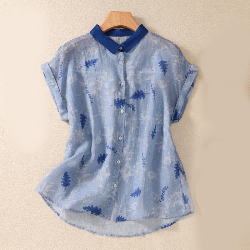 Buddha Stones Small Yellow Flower Leaves Buttons Short Sleeve Women's Shirt - SkyBlue - US8-10，UK/AU12-14，EU40-42 (2XL) - image 10