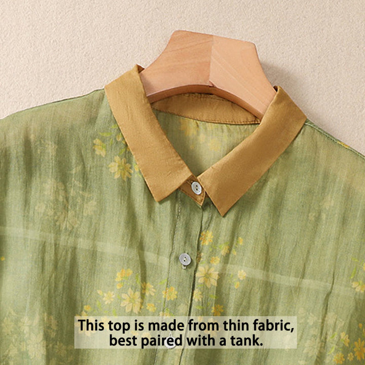 Buddha Stones Small Yellow Flower Leaves Buttons Short Sleeve Women's Shirt - image 3