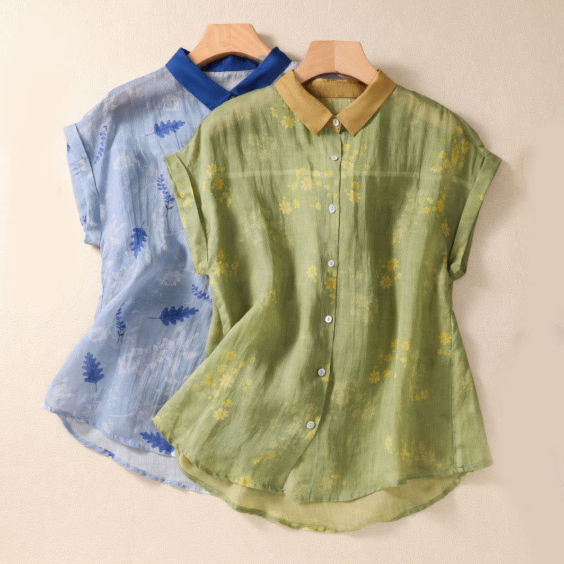 Buddha Stones Small Yellow Flower Leaves Buttons Short Sleeve Women's Shirt - image 2