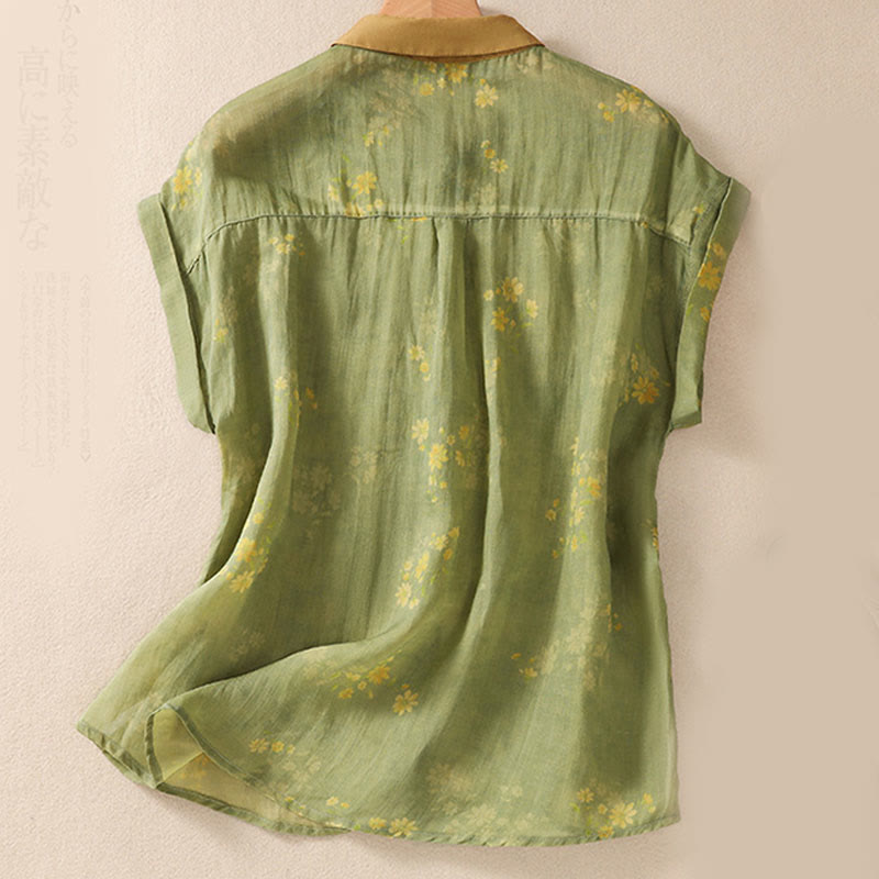 Buddha Stones Small Yellow Flower Leaves Buttons Short Sleeve Women's Shirt - image 3