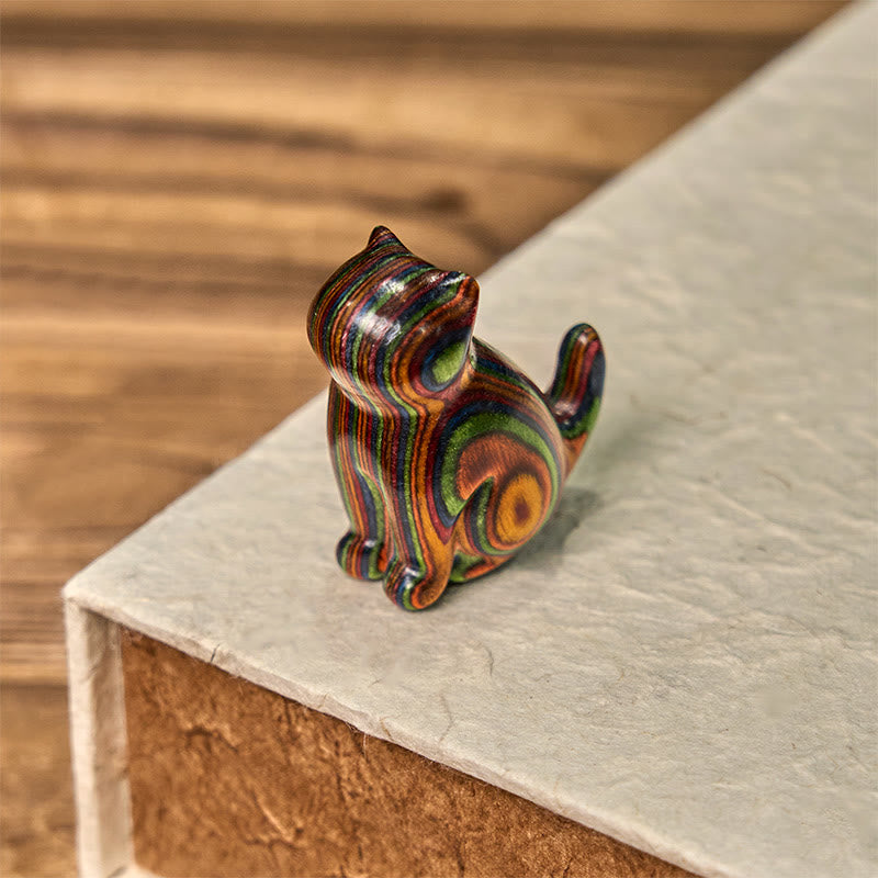 Buddha Stones 2Pcs Mini Rainbow Eucalyptus Sitting Cat Carved Reduce Stress Decoration - image 12