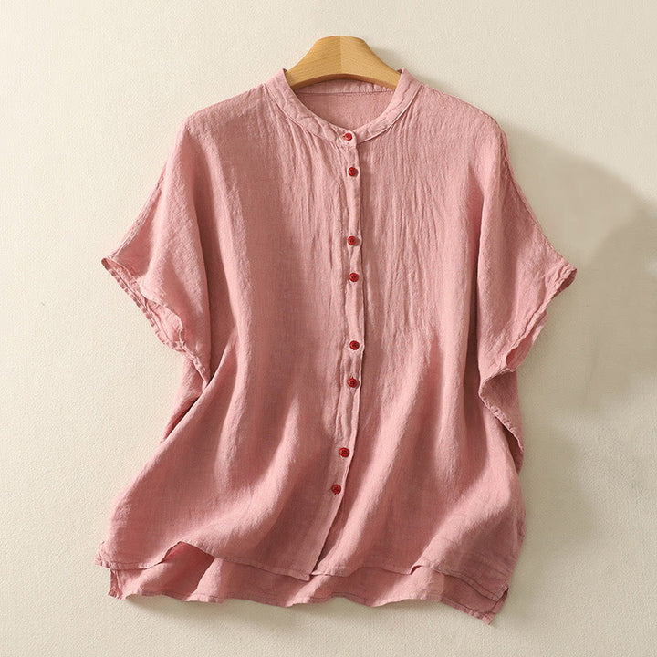 Buddha Stones Summer Plain Red Buttons Short Sleeve Women's Cotton Linen Shirt - DarkSalmon - US14，UK/AU18，EU46 (2XL) - image 5