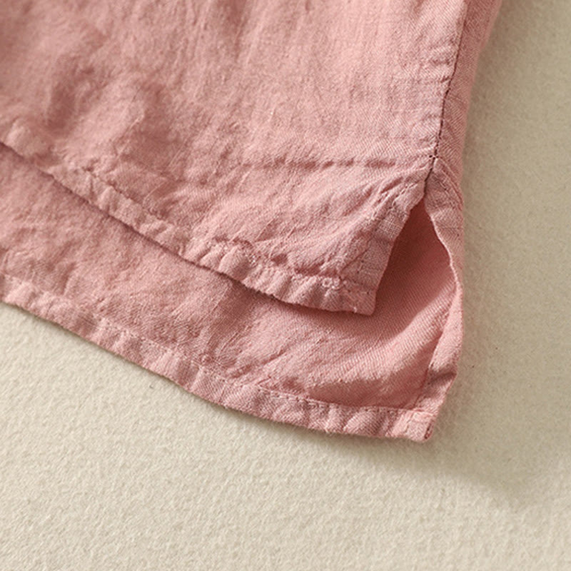 Buddha Stones Summer Plain Red Buttons Short Sleeve Women's Cotton Linen Shirt - image 14