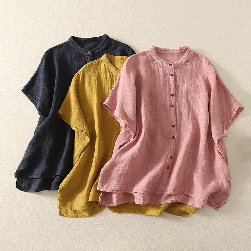 Buddha Stones Summer Plain Red Buttons Short Sleeve Women's Shirt - image 19