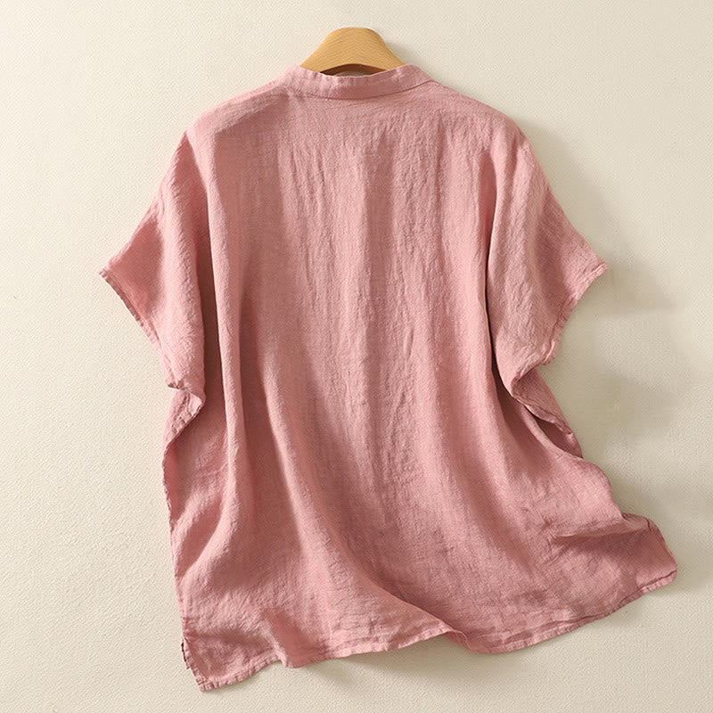 Buddha Stones Summer Plain Red Buttons Short Sleeve Women's Shirt - image 5