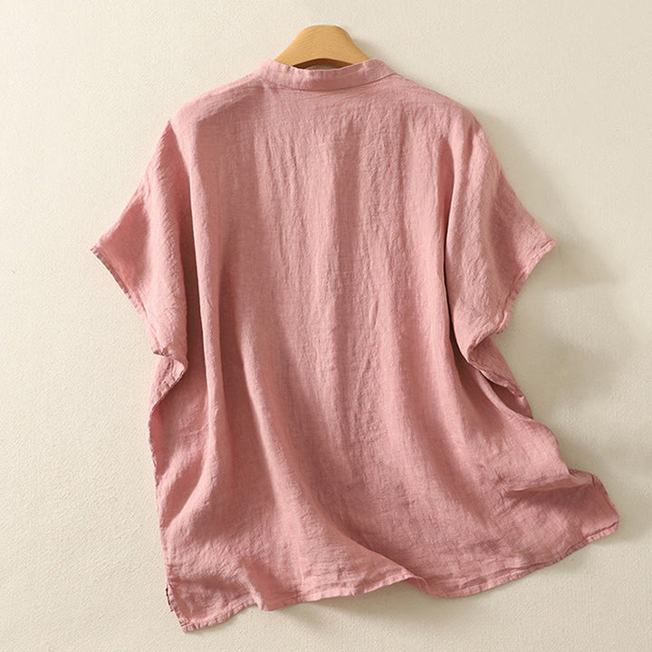 Buddha Stones Summer Plain Red Buttons Short Sleeve Women's Shirt - image 5