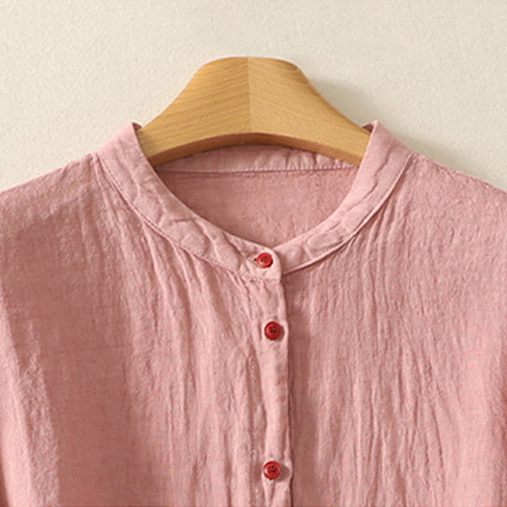 Buddha Stones Summer Plain Red Buttons Short Sleeve Women's Cotton Linen Shirt - image 7
