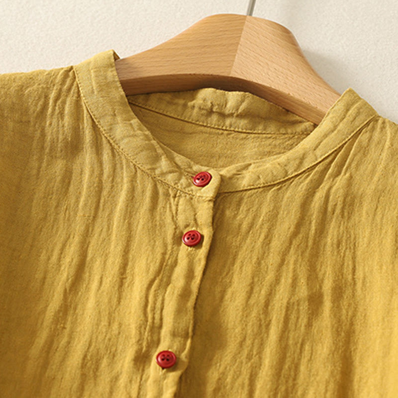 Buddha Stones Summer Plain Red Buttons Short Sleeve Women's Shirt - image 16