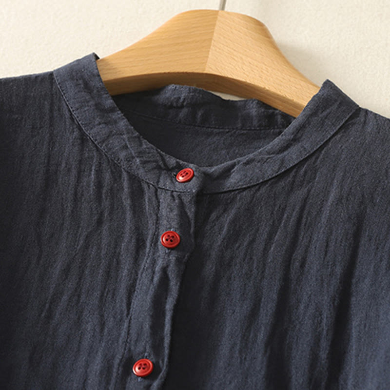Buddha Stones Summer Plain Red Buttons Short Sleeve Women's Shirt - image 1