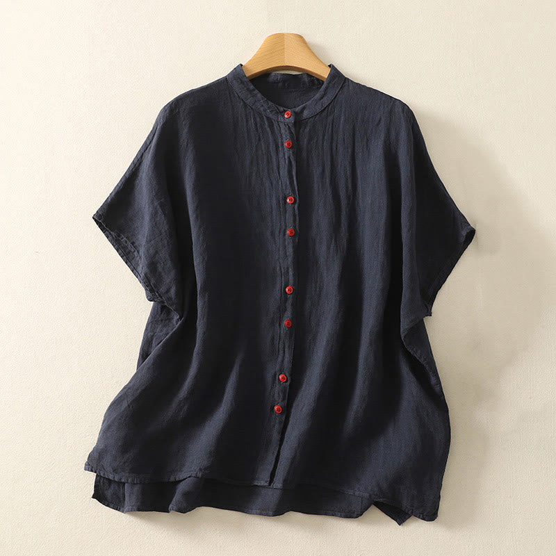 Buddha Stones Summer Plain Red Buttons Short Sleeve Women's Cotton Linen Shirt - MidnightBlue - US14，UK/AU18，EU46 (2XL) - image 1