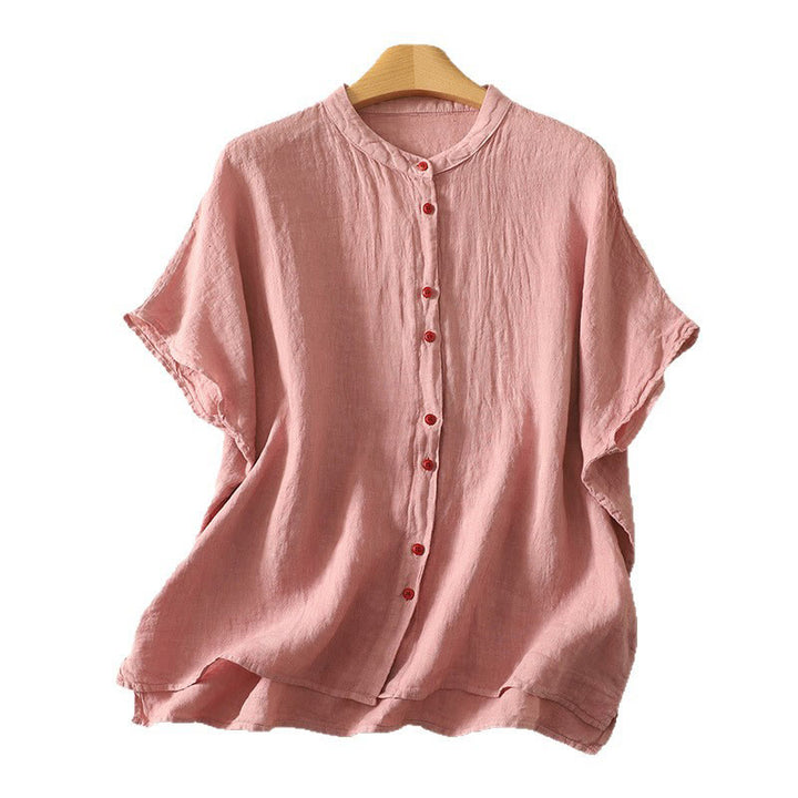 Buddha Stones Summer Plain Red Buttons Short Sleeve Women's Cotton Linen Shirt - image 14