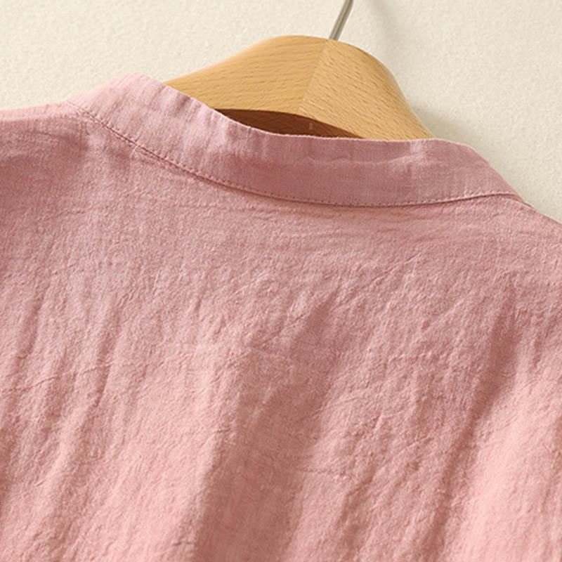 Buddha Stones Summer Plain Red Buttons Short Sleeve Women's Cotton Linen Shirt - image 7