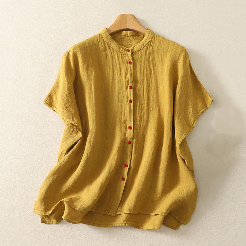 Buddha Stones Summer Plain Red Buttons Short Sleeve Women's Cotton Linen Shirt - Goldenrod - US14，UK/AU18，EU46 (2XL) - image 16