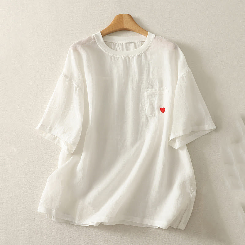 Buddha Stones Casual Embroidery Red Heart Short Sleeve Women's Cotton Linen T-Shirt - White - US14，UK/AU18，EU46 (2XL) - image 4