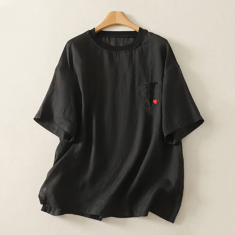 Buddha Stones Casual Embroidery Red Heart Short Sleeve Women's Cotton Linen T-Shirt - Black - US14，UK/AU18，EU46 (2XL) - image 13