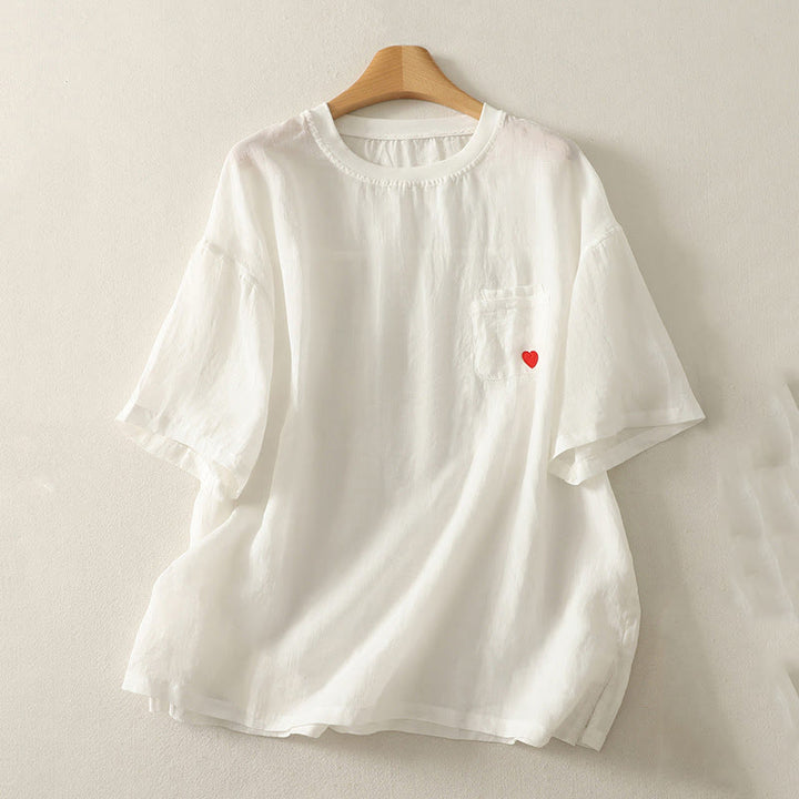 Buddha Stones Casual Embroidery Red Heart Short Sleeve Women's Cotton Linen T-Shirt - White - US14，UK/AU18，EU46 (2XL) - image 3