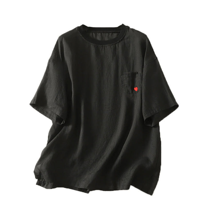 Buddha Stones Casual Embroidery Red Heart Short Sleeve Women's Cotton Linen T-Shirt - image 18