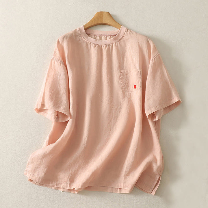 Buddha Stones Casual Embroidery Red Heart Short Sleeve Women's Cotton Linen T-Shirt - LightSalmon - US14，UK/AU18，EU46 (2XL) - image 1