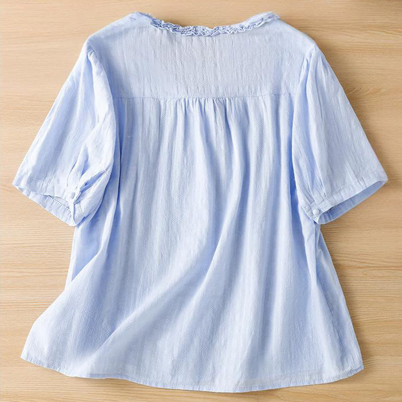 Buddha Stones Jacquard Pleated Ruffled Trim Design V-Neck Short Sleeve Women's Shirt - image 6