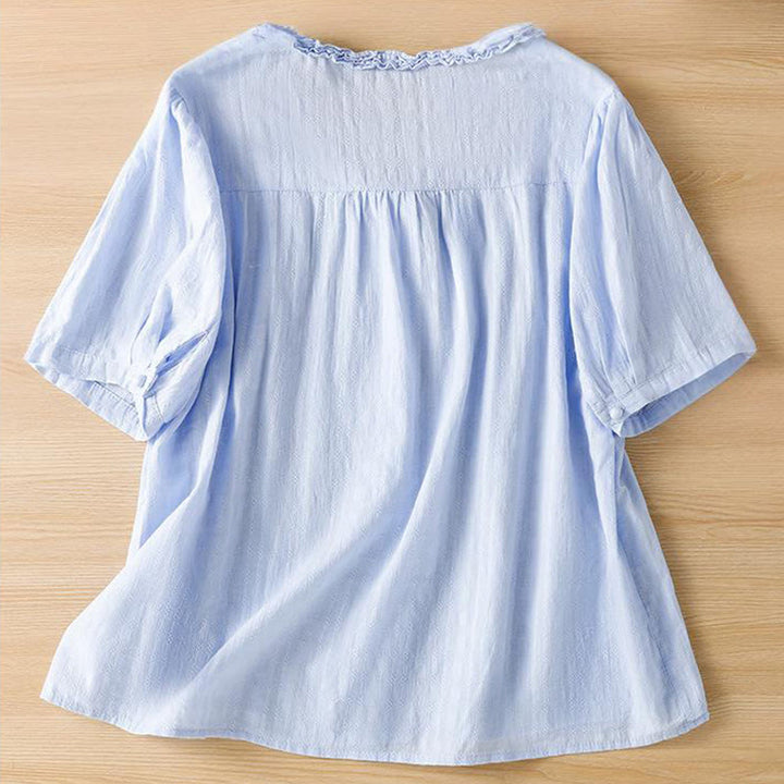 Buddha Stones Jacquard Pleated Ruffled Trim Design V-Neck Short Sleeve Women's Shirt - image 6