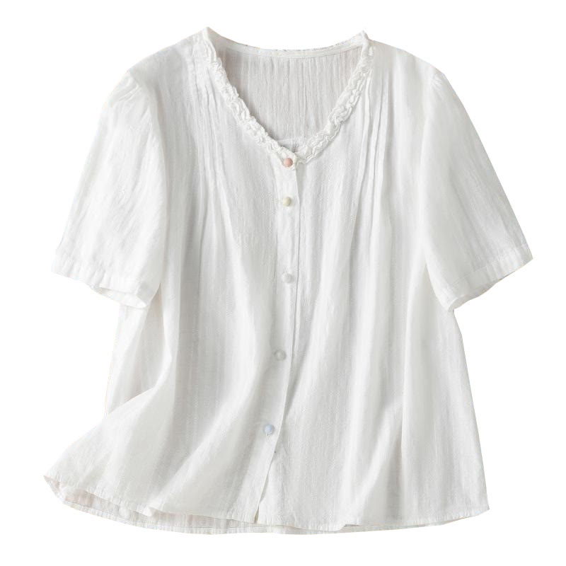 Buddha Stones Jacquard Pleated Ruffled Trim Design V-Neck Short Sleeve Women's Shirt - image 18