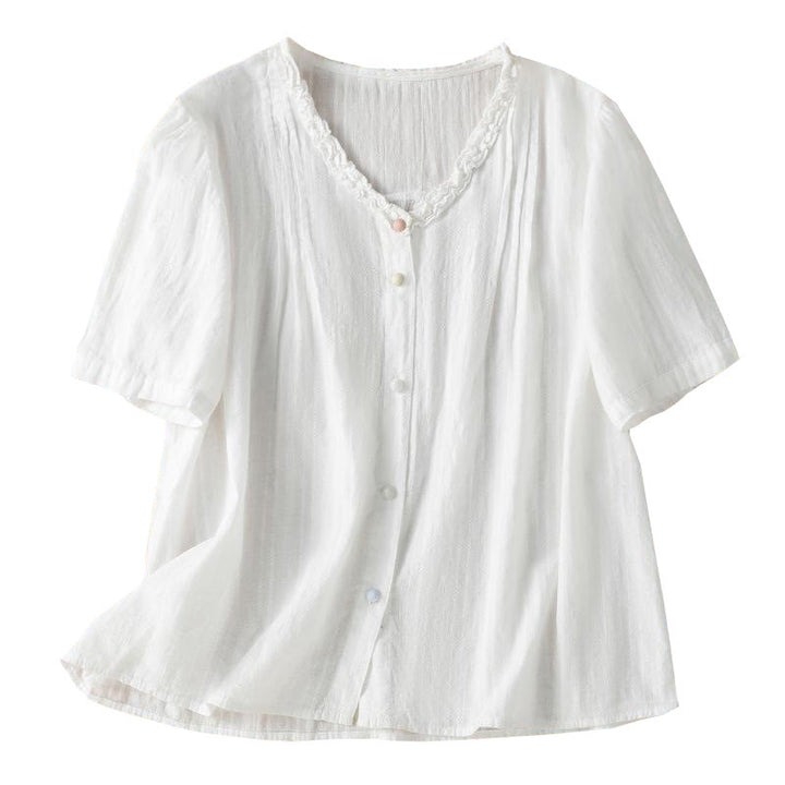 Buddha Stones Jacquard Pleated Ruffled Trim Design V-Neck Short Sleeve Women's Shirt - image 18