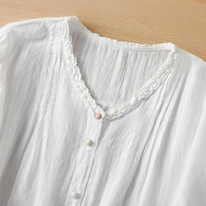 Buddha Stones Jacquard Pleated Ruffled Trim Design V-Neck Short Sleeve Women's Shirt - image 16