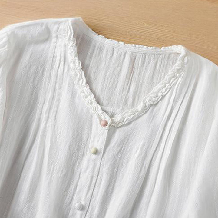 Buddha Stones Jacquard Pleated Ruffled Trim Design V-Neck Short Sleeve Women's Shirt - image 16