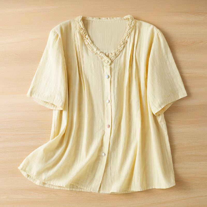 Buddha Stones Jacquard Pleated Ruffled Trim Design V-Neck Short Sleeve Women's Shirt - LightYellow - US14，UK/AU18，EU46 (2XL) - image 9