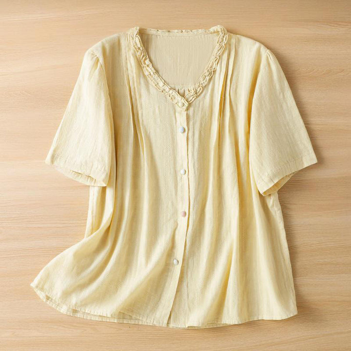 Buddha Stones Jacquard Pleated Ruffled Trim Design V-Neck Short Sleeve Women's Shirt - LightYellow - US14，UK/AU18，EU46 (2XL) - image 9