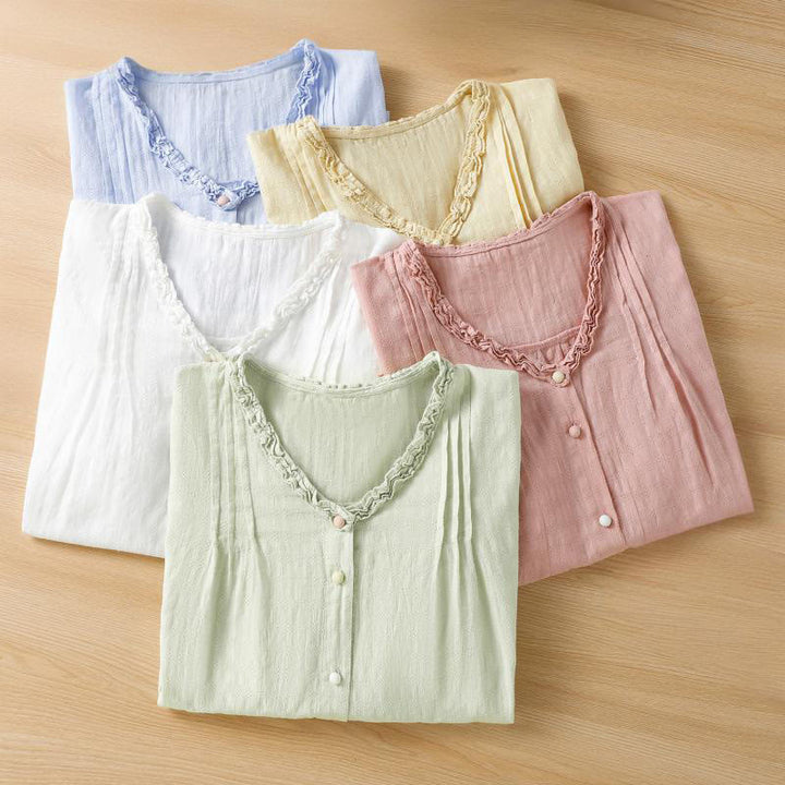 Buddha Stones Jacquard Pleated Ruffled Trim Design V-Neck Short Sleeve Women's Shirt - image 25