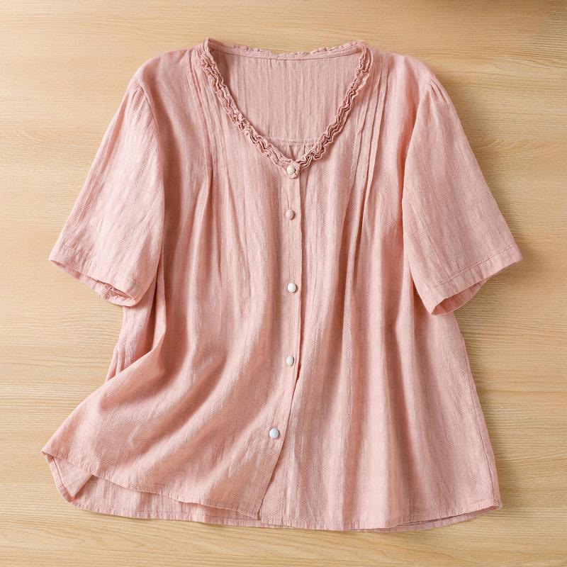Buddha Stones Jacquard Pleated Ruffled Trim Design V-Neck Short Sleeve Women's Shirt - DarkSalmon - US14，UK/AU18，EU46 (2XL) - image 19