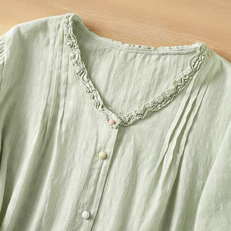 Buddha Stones Jacquard Pleated Ruffled Trim Design V-Neck Short Sleeve Women's Shirt - image 3