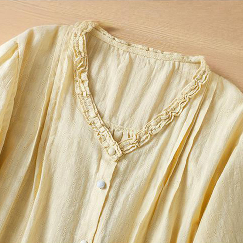 Buddha Stones Jacquard Pleated Ruffled Trim Design V-Neck Short Sleeve Women's Shirt - image 11