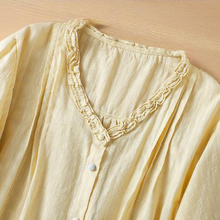 Buddha Stones Jacquard Pleated Ruffled Trim Design V-Neck Short Sleeve Women's Shirt - image 11
